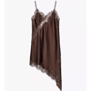 Zara Brown lace Trim Asymmetrical Silk Dress, Size XL NEW